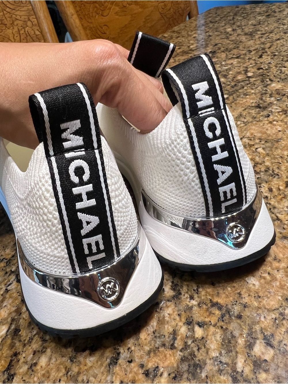 Michael Kors White Slip-On Knit Sneakers with Black Branding - Picture 7 of 9